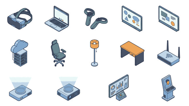 Collection of isometric technology icons representing digital devices and office equipment.