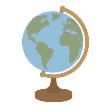 Hand-Drawn World Globe on Wooden Stand, Charming Earth Illustration with Vintage Style, Educational Geography Vector Icon in Soft Blue and Green Tones