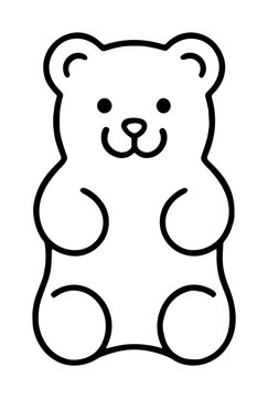 Cute gummy bear hand-traced vector icon illustration, charming candy mascot outline with simple smiling face, rounded ears and plump body in minimalist line art style
