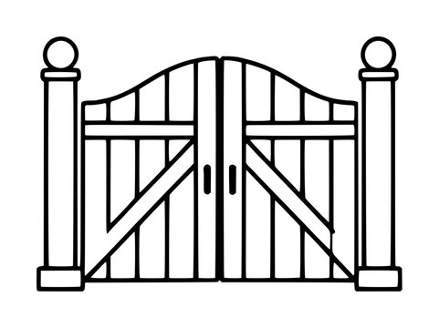 Elegant hand-drawn vector illustration of a classic wooden double gate with sturdy posts, perfect entrance for farm, garden, or property boundary line art