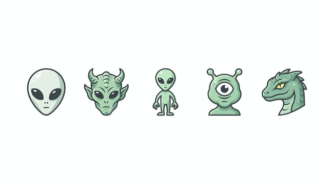 Alien character icons set, extraterrestrial monster avatars, 5 green space creature vector illustrations for gaming and sci-fi design