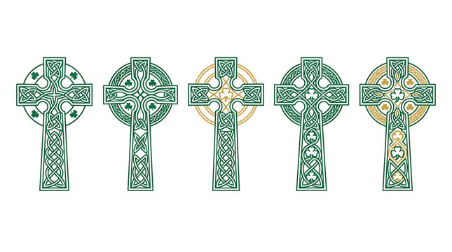 Celtic cross vector set with intricate knotwork, traditional Irish religious symbols with green and gold patterns, collection of 5 ornamental crosses