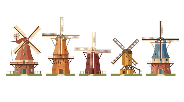 Traditional Dutch windmills vector set, vintage European wind mill icons, flat design rustic farm buildings for travel and tourism graphics
