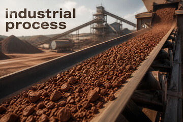 Fototapeta premium Conveyor belt transporting brown granular material in an industrial setting.