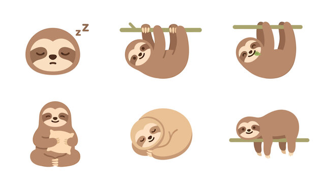 Cute sloth character set, 6 brown sloth vector illustrations in various poses, funny sleeping and hanging sloth stickers for kids and stationery