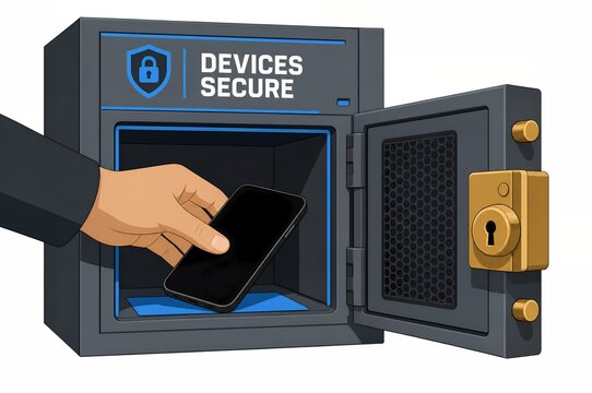 Secure device storage hand placing smartphone into safety vault with lock illustration