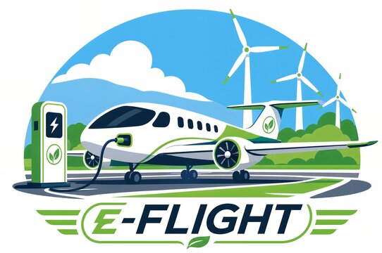Electric aircraft charging at station with wind turbines sustainable aviation e-flight illustration