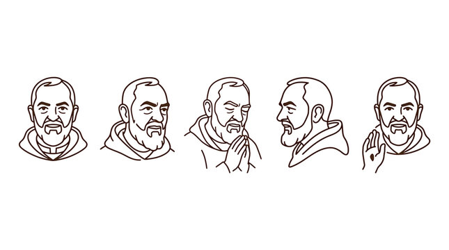 Saint Padre Pio line art portraits, set of 5 religious monk vector icons, catholic priest illustrations in minimalist outline style for church design