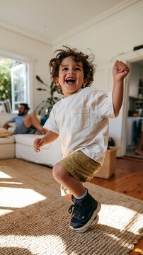 Young Boy Running in Joyful Motion on Sunlit Floor