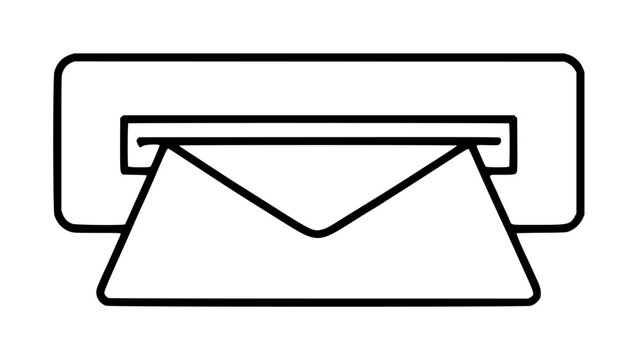 Minimal hand-traced vector icon illustration of a classic mail slot envelope emerging from rectangular wall letterbox outline, clean black line art, vintage postal correspondence graphic