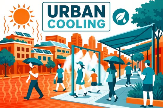 Urban cooling solutions misting station shade canopy and solar panels during extreme heat wave illustration
