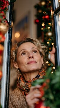 Woman Gazing Through Christmas Decorations
