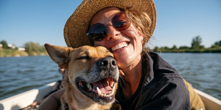 Woman and Dog Boating on Lake, Smiling for the Camera