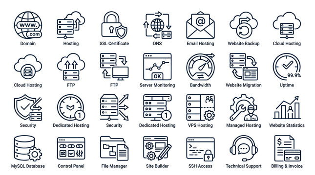 Web hosting and cloud server management icon set.