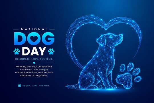 Futuristic dog silhouette and heart digital concept illustration. futuristic international dog day with silhouette wireframe technology abstract. futuristic international dog day