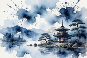 Obraz premium Watercolor illustration of Japanese pagoda by calm lake. Blue mountains, pine trees create serene landscape. Abstract ink splashes decorate sky over peaceful traditional temple architecture in nature
