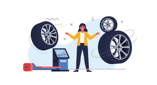 Female technician presents tire balancing and wheel alignment services next to floating car tires and diagnostic gear.