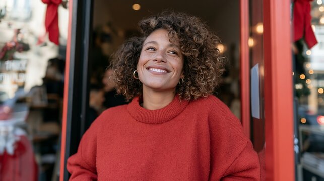 Joyful Woman Smiling at Camera Outside Shop, Christmas Decorations in Background, Red Sweater