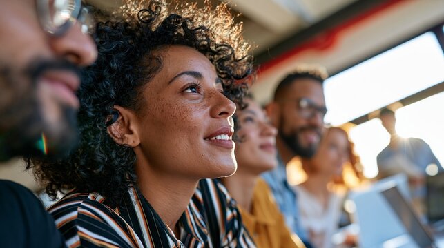 Diverse Group of Individuals in a Professional Meeting, One Person Smiling and Engaged with the Camera