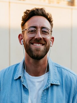 Young Man Wearing Headphones, Smiling at the Camera