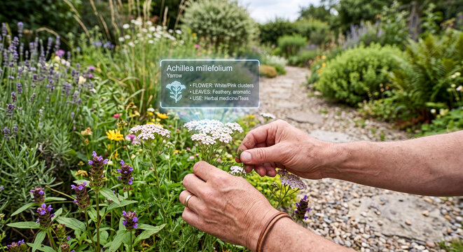 Hands identify Achillea millefolium yarrow plant in a lush botanical garden using digital augmented reality information interface to provide details about herbal medicine applications