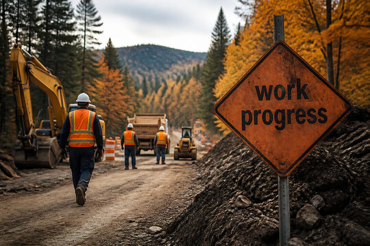 Construction workers walk on a dirt road near heavy machinery and a "work progress" sign in a wooded area.