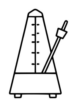 Hand-traced vector illustration of a classic mechanical metronome with a swinging pendulum, black outline drawing on white background, minimalist line art icon for music practice and tempo