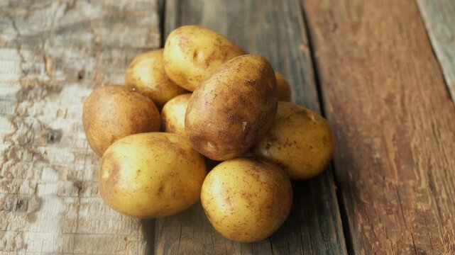 Heap of Raw Potatoes on a Wooden Background