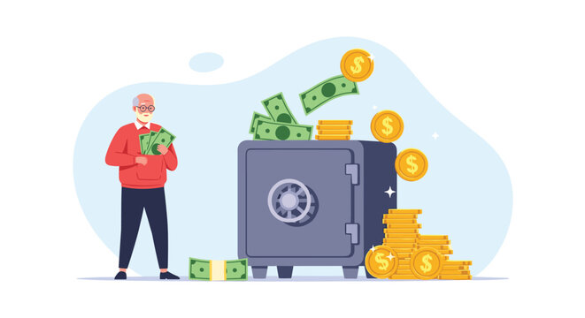 Wealthy senior man holding dollar bills stands next to large secure safe overflowing with gold coins and cash deposit.
