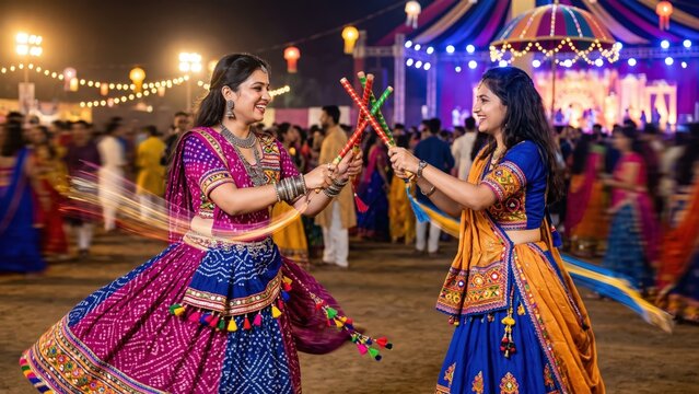 Dandiya Raas Action &ndash; Two Women Playing Garba at Night