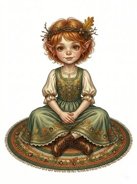 Cute redhead elf girl in green dress sitting on round braided rug isolated on white background