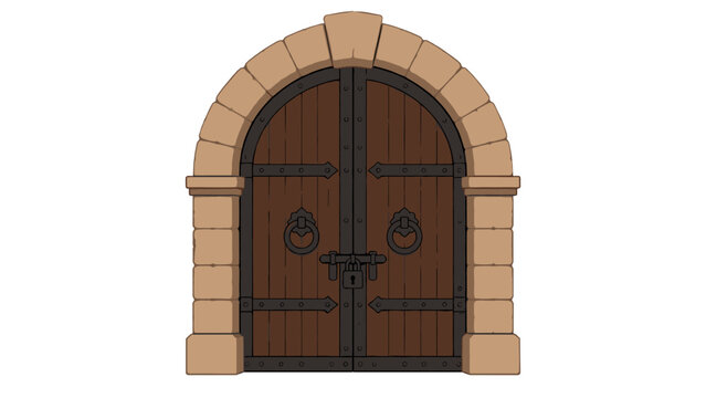 Medieval wooden double door with stone arch entrance