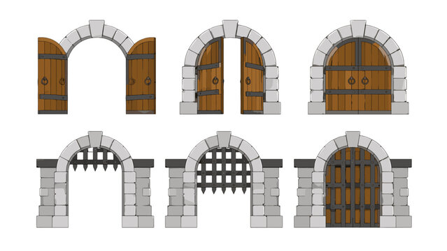 Set of medieval castle gates with wooden doors and portcullis