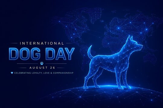 Digital illustration of a standing dog with network connectivity nodes for international dog day. futuristic international dog day, technology, futuristic. international dog day