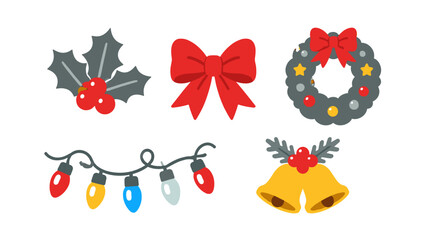 Naklejka premium Christmas holiday decoration set with wreath bow bells and lights