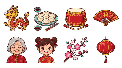 Fototapeta premium Chinese New Year Icons: Dragon, Dumplings, Drum, Fan, Lantern, Girl, Elder, Blossom