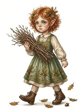 Elf girl walking and carrying a bundle of dry twigs isolated on white background