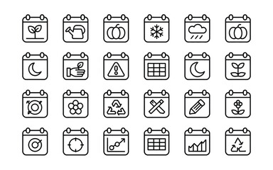 Fototapeta premium Calendar icon set vector line art calendar pages with weather gardening eco and business symbols isolated on white background