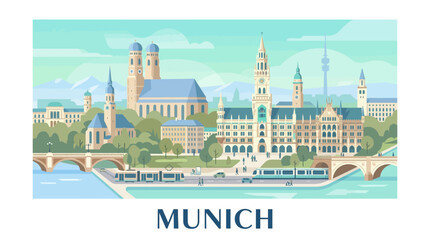 Obraz premium Scenic Illustration of Munich's Historic Cityscape Featuring Iconic Towers and Glistening River Setting