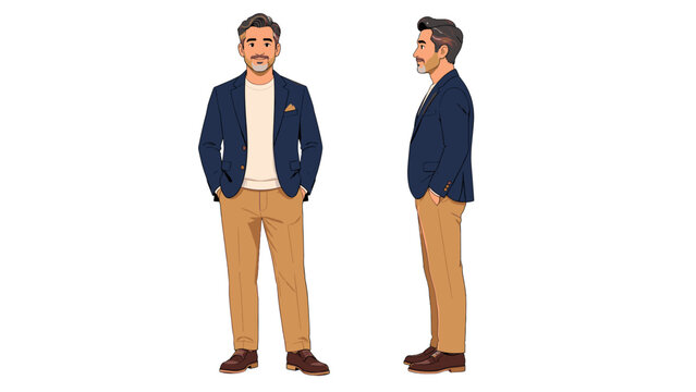 Middle aged man character sheet with front and side views