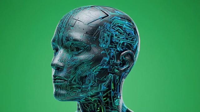 Robotic head rotating with digital data overlay against a vibrant green backdrop symbolizing AI progress