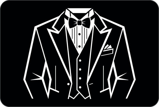 Elegant mens tuxedo suit vector linear icon with bow tie vest shirt and pocket square on black background.