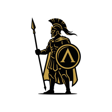 Ancient Spartan warrior holding spear and lambda shield.