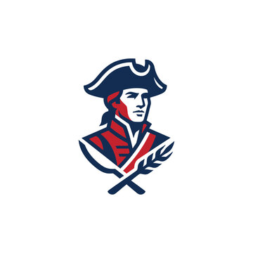 American revolutionary soldier mascot with crossed elements.