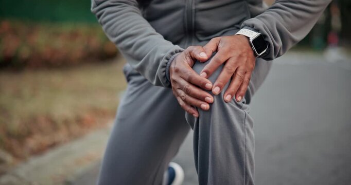 Person, hands and fitness with knee pain for outdoor injury, accident or muscle tension. Active, man or runner with sore leg, sprain or discomfort for joint inflammation, fibromyalgia or pressure