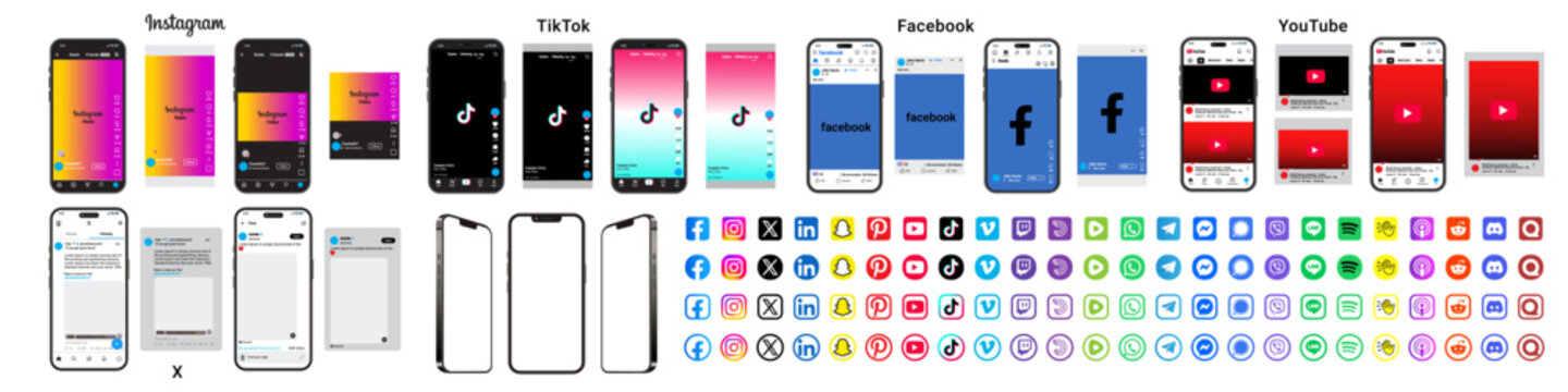 30 July 2026, Dhaka. Big collection YouTube, Facebook, Instagram, X & TikTok post template. Social media smartphone reel & content layout mockup and template. Vector illustration.