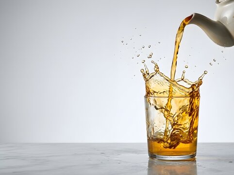 Amber Tea Liquid Pouring Into Glass With Dynamic Splash