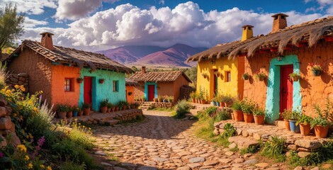 Obraz premium Colorful houses stand along stone village street. Traditional clay buildings with bright turquoise, yellow walls sit under mountains. Rustic huts feature tile roofs flower pots, potted plants in