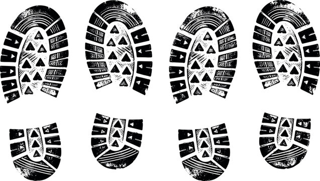 Grunge black boot footprints vector set with distressed texture textured shoe sole trail isolated on white background.