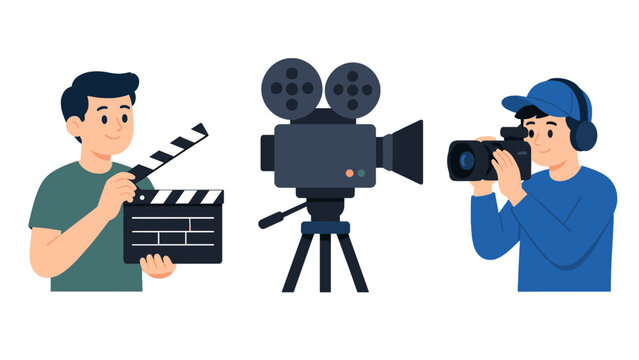 Flat vector illustration of film crew with camera and clapboard